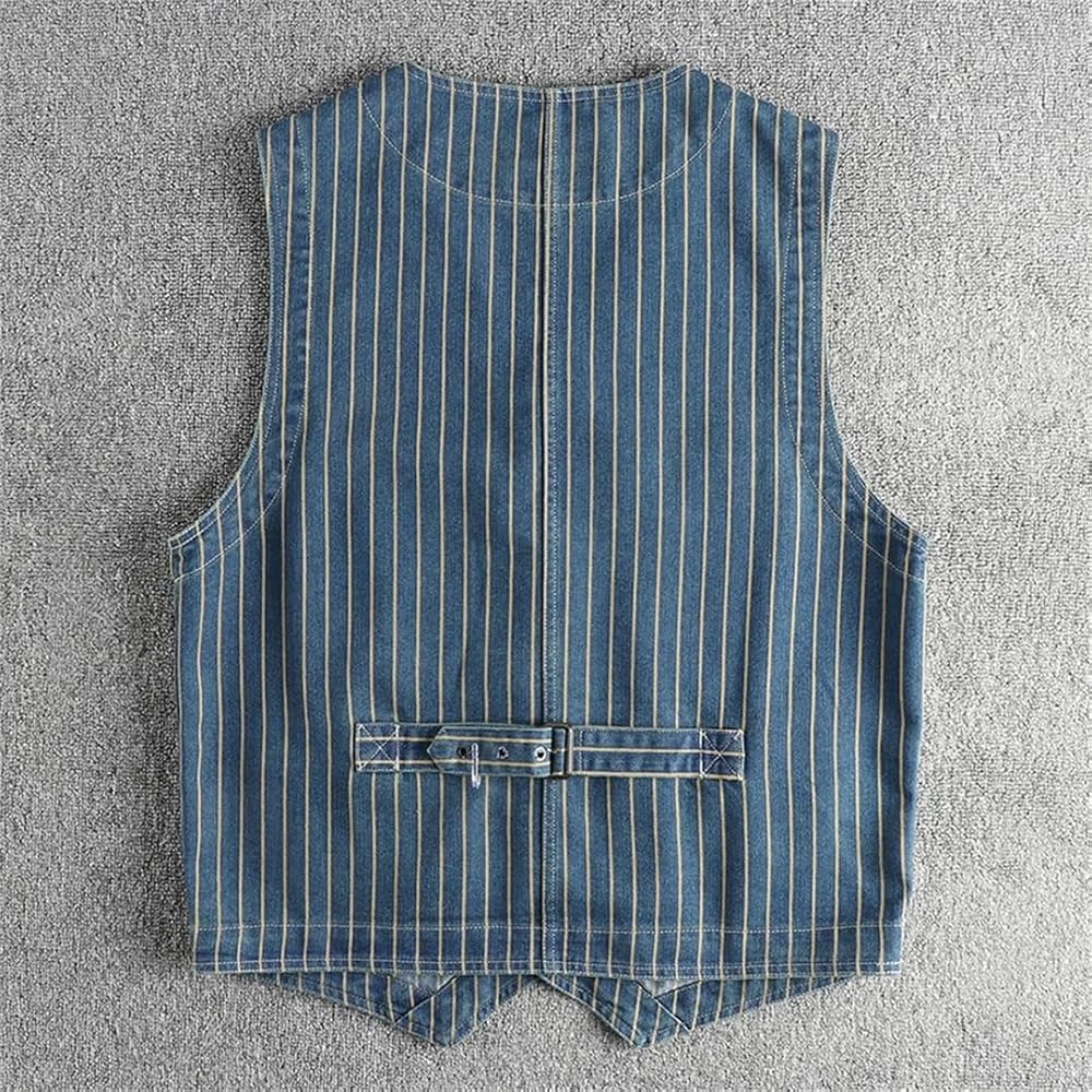 Men Japanese Retro Denim Vest Striped Cargo Cotton Vest